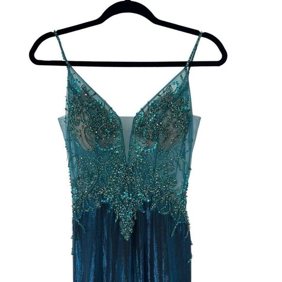 Ellie Wilde Teal Beaded Liquid Lame STYLE: EW120095 Formal Dress‎ Sz 4 Women’s - Picture 4 of 15
